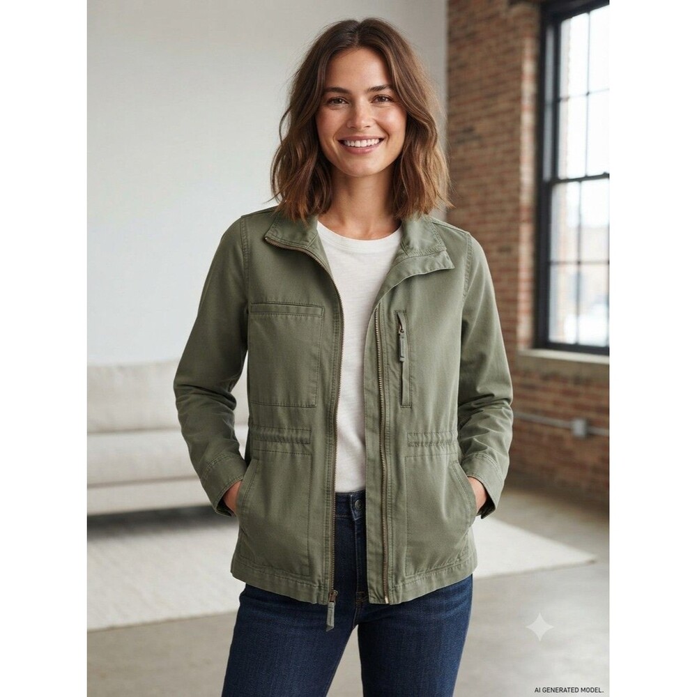 Madewell Green Utility Jacket Women’s M Pockets Full Zip Mid-Length Cotton